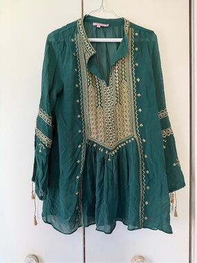Calypso St. Barth Emerald Green Embroidered V-Neck Tunic